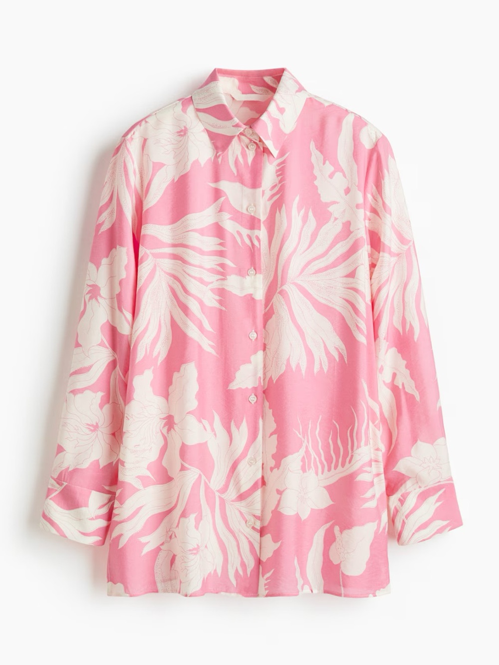 Oversized Pink & Cream Tropical Print Button-Up Blouse